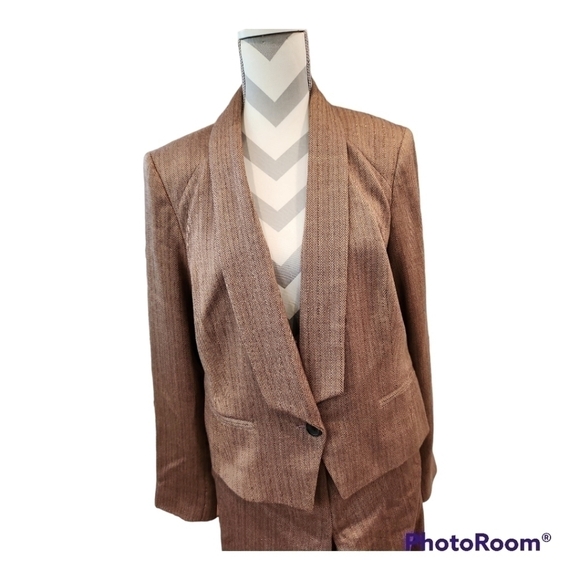 ANNE Klein herringbone tweed gold sparkle single button pant suit sz 12/14